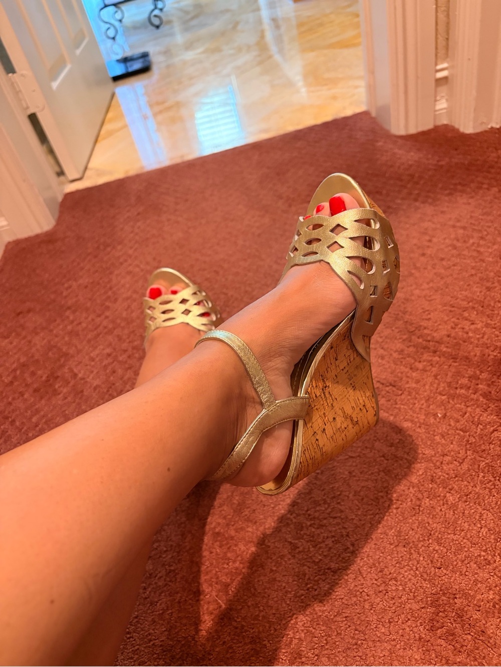 BCBG Generation Gold Cutout Wedge Sandals with Cork Heel